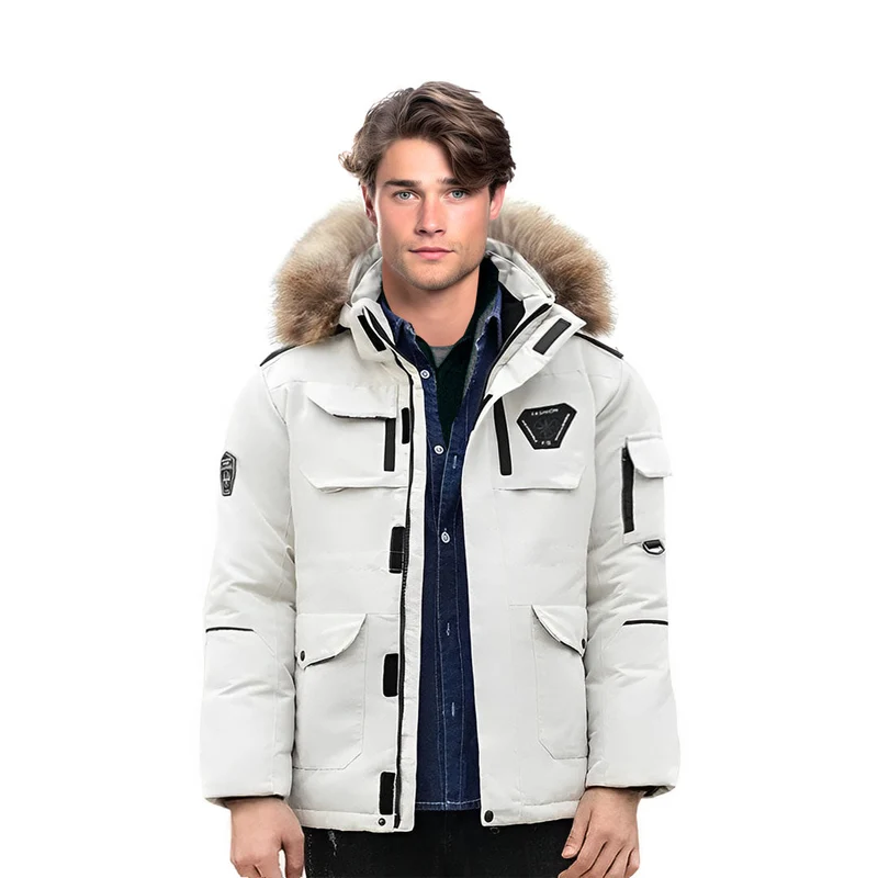 White XL Winter Fur Hooded Down Jacket Stylish Lightweight Quilted Warm Puffer Coat