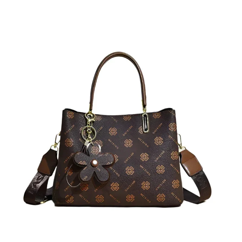 Women's PU Leather Handbag With Flower Pendant & Removable Shoulder Strap