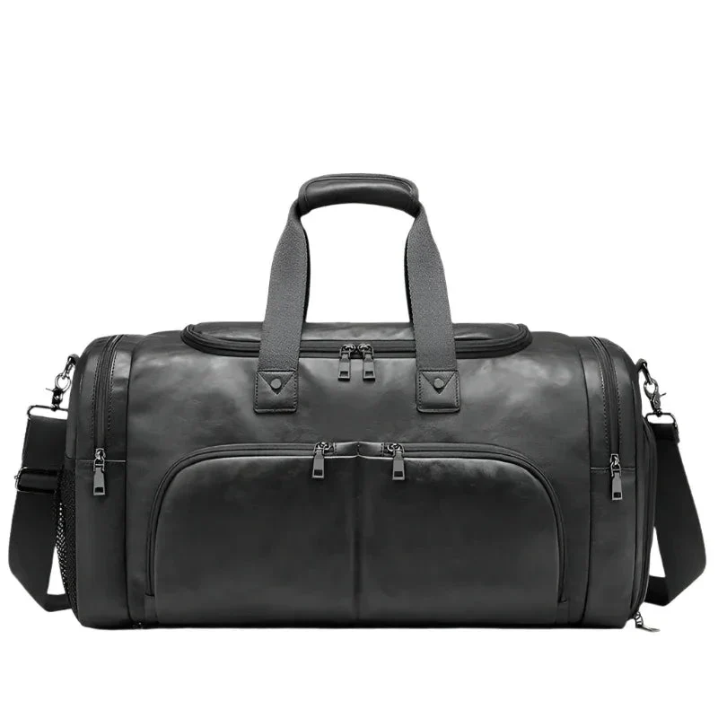 Men's Leather Business Travel Duffle Weekend Bag With Attachable Shoulder Strap