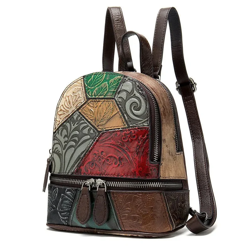 Small Cowhide Leather Contrast Color Bag Backpack For Women