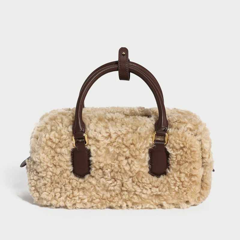 Beige Sherpa Fur Trimmed Elongated Top Handle Bag