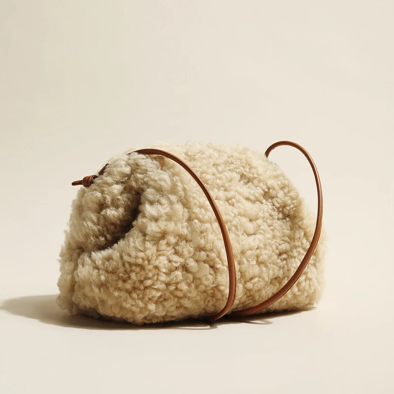 Apricot Beige Furry Double Thin Strap Shoulder Bag