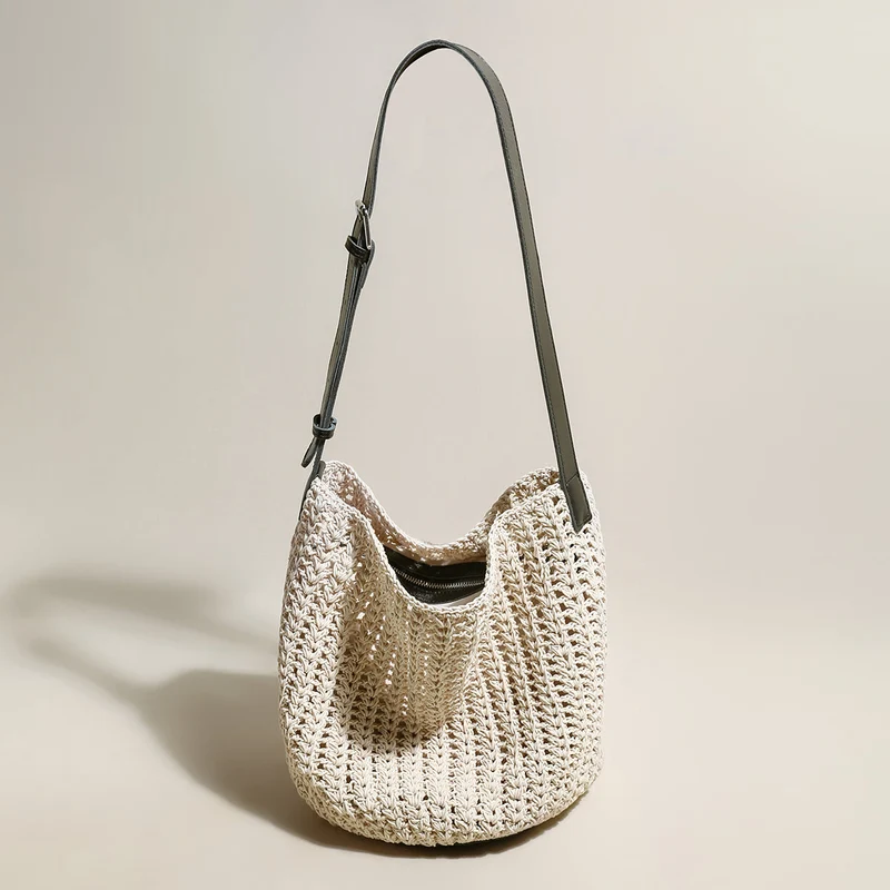 Medium White Beach Tote Bag with Blue Leather Straps
