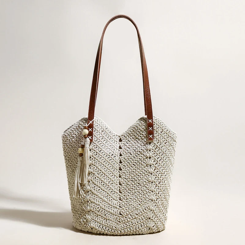 White Boho Chic Leather Strap Crochet Tote Bag