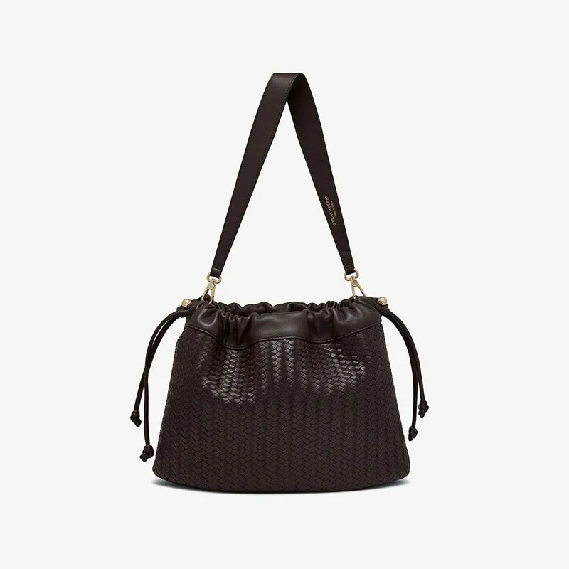 Charlotte Midi Drawstring - Chocolate Woven Leather
