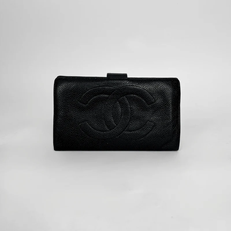 Chanel CC Fransk lång plånbok i svart kaviarläder
