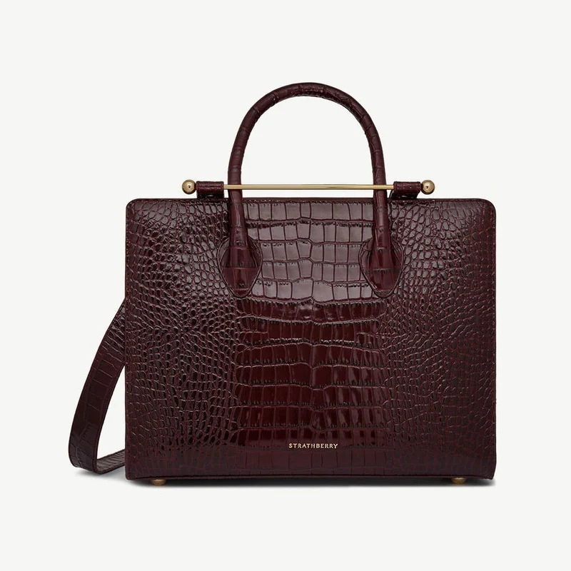 Midi Tote - Croc-Embossed Leather Burgundy