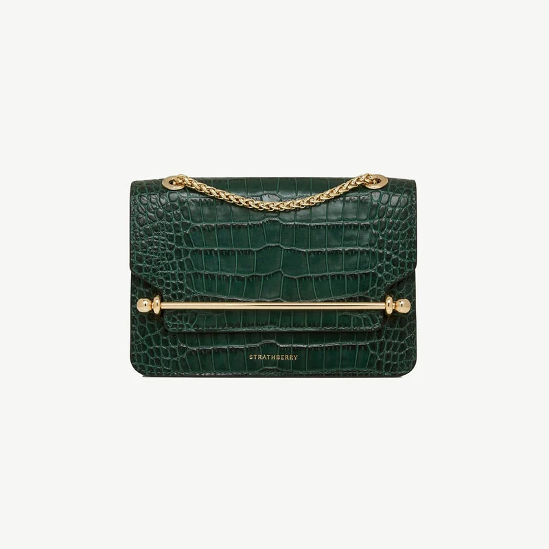 East/West Mini - Croc-Embossed Leather Bottle Green