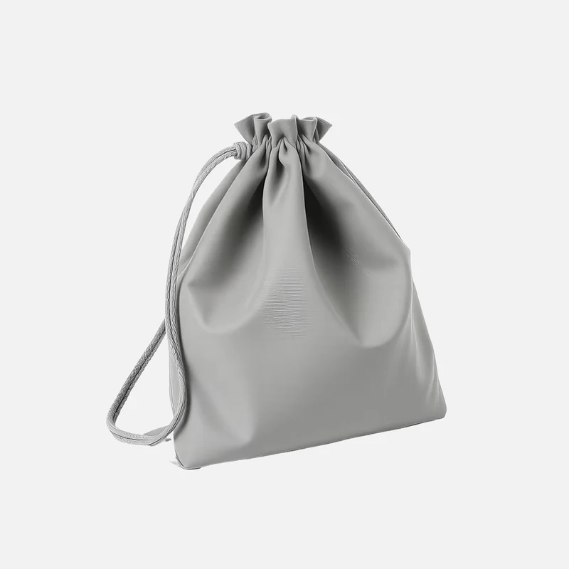 Grey Leather Drawstring Pouch