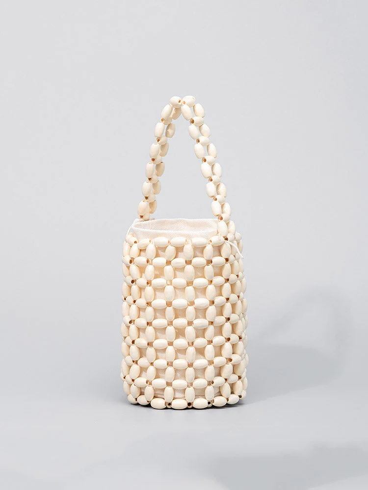 Hollowed-Out Wooden Bead Woven Bucket Bag