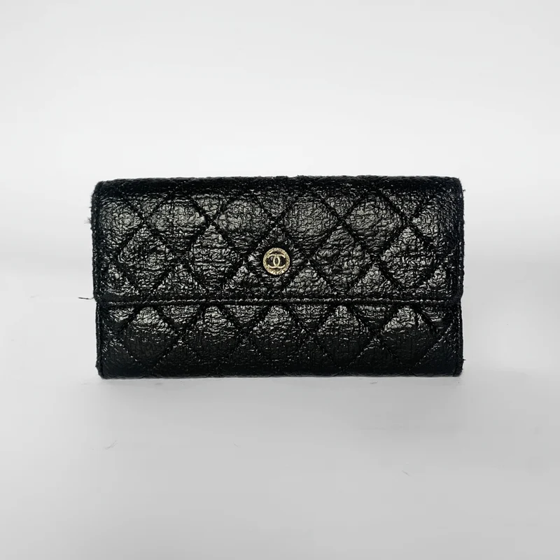 Chanel Svart/Guldfärgad Quilted Mocka Paris Edinburgh Lång Plånbok