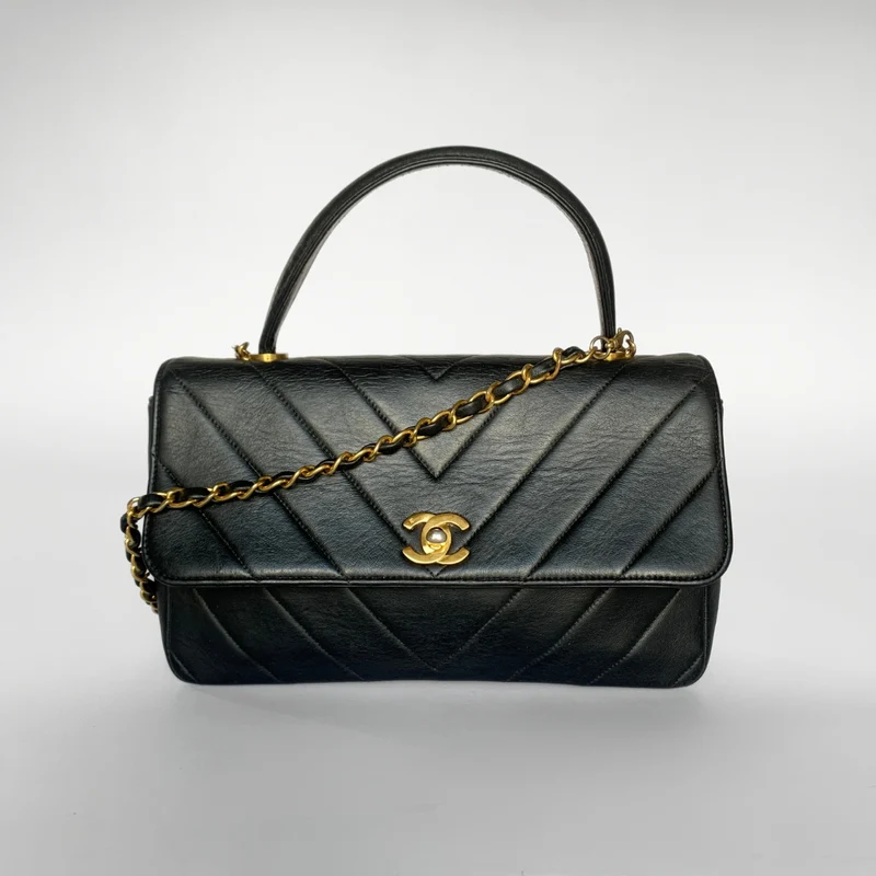 Chanel Coco Top Handle Bag Chevron Lammskinn Läder