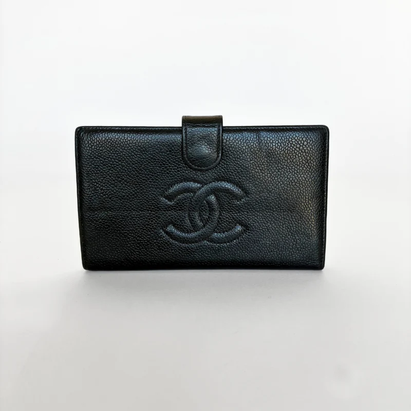Chanel CC Fransk lång plånbok i svart kaviarläder