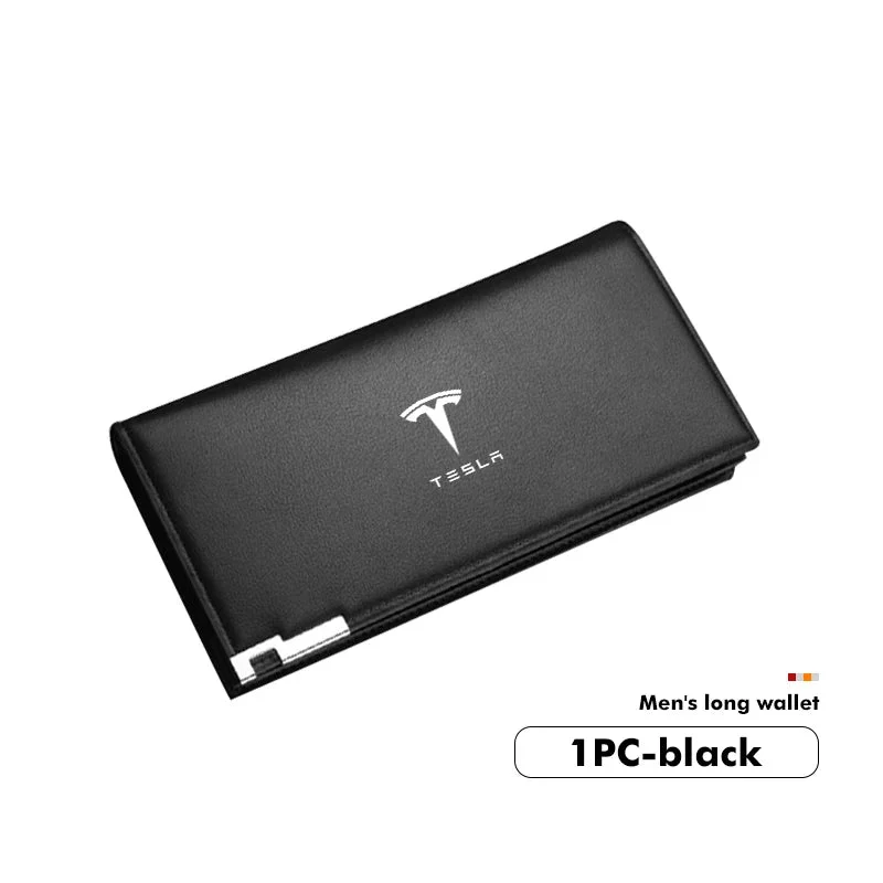 Lång herrplånbok med RFID-blockerande läderdragkedja, körkortsfack och kreditkort med Tesla-logotyp