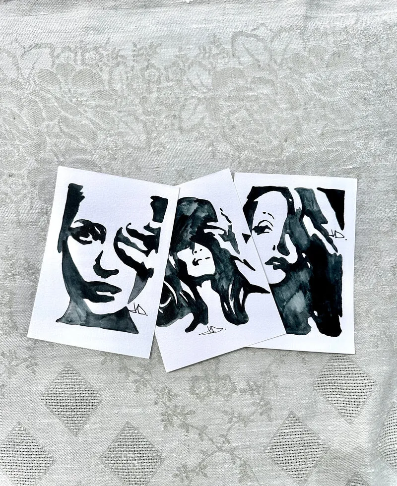 Handmålat vykort set om 3, Greta Garbo, Kate Moss & Brigitte Bardot