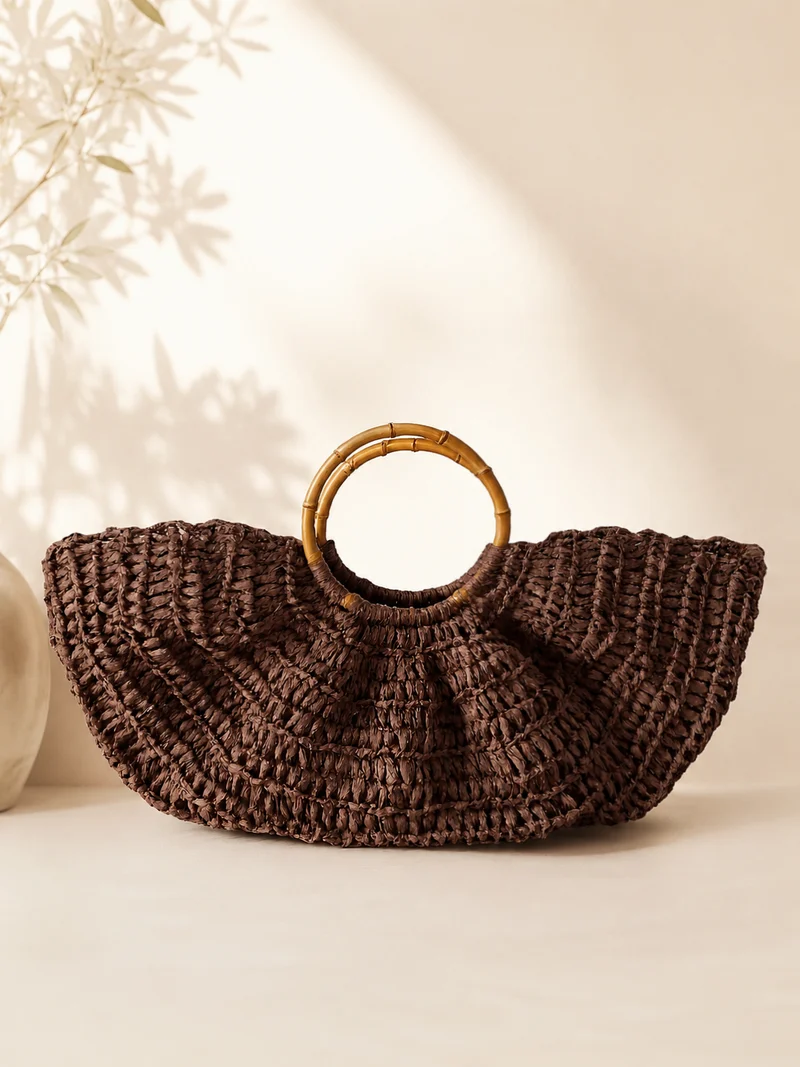 Handgjord Raffia Strandväska Med Bambu Handtag | Sommar Boho Väska