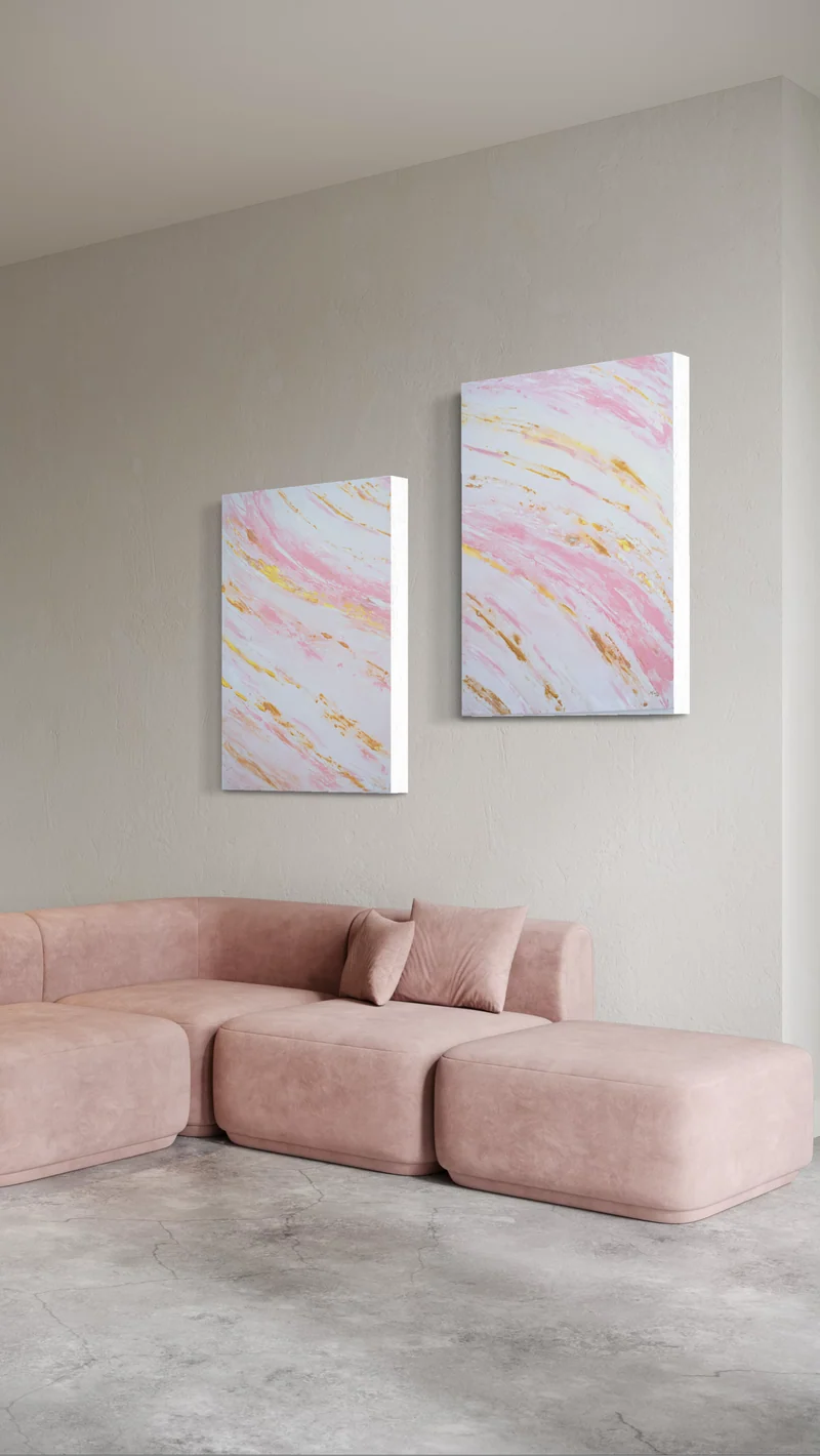 Original målning Abstrakt Marmor Havsvåg Rosa och Guld "Blush Tides"