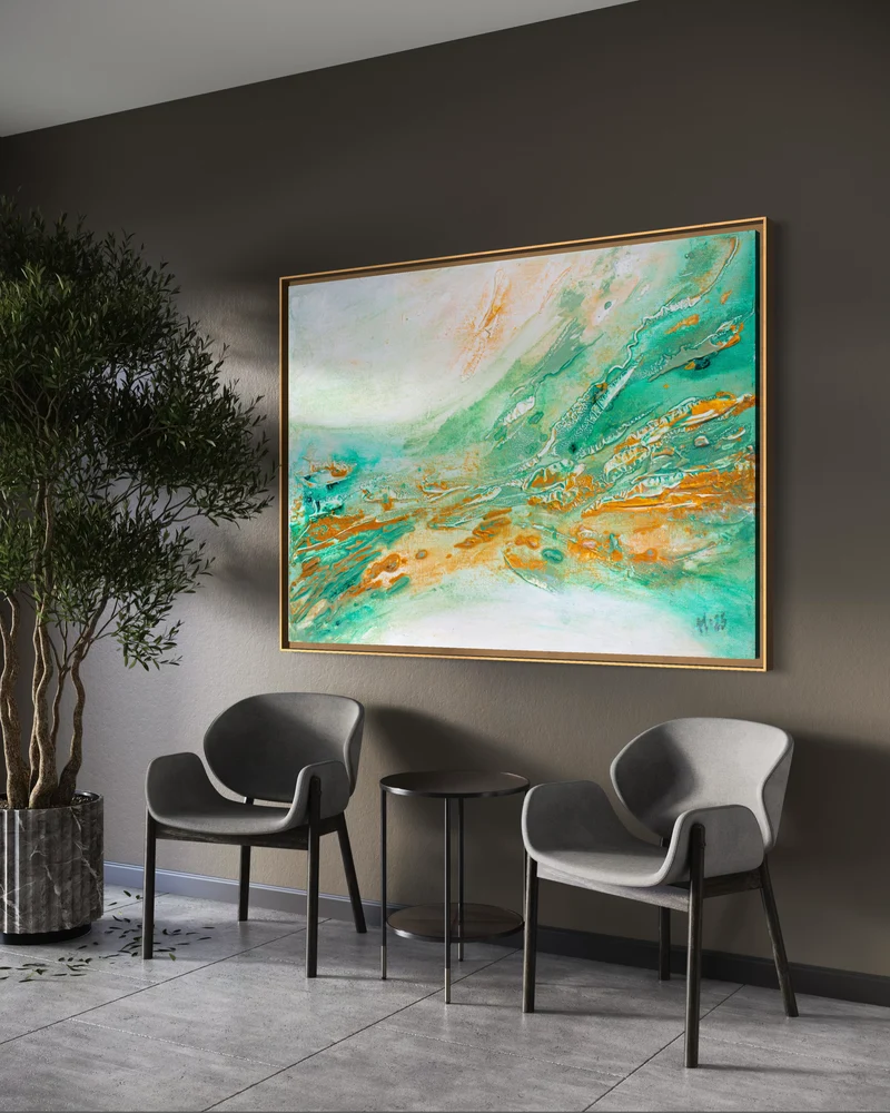 Fine Art Print Abstrakt Havsvåg Grön Guld - Golden Current | Museumkvalitet