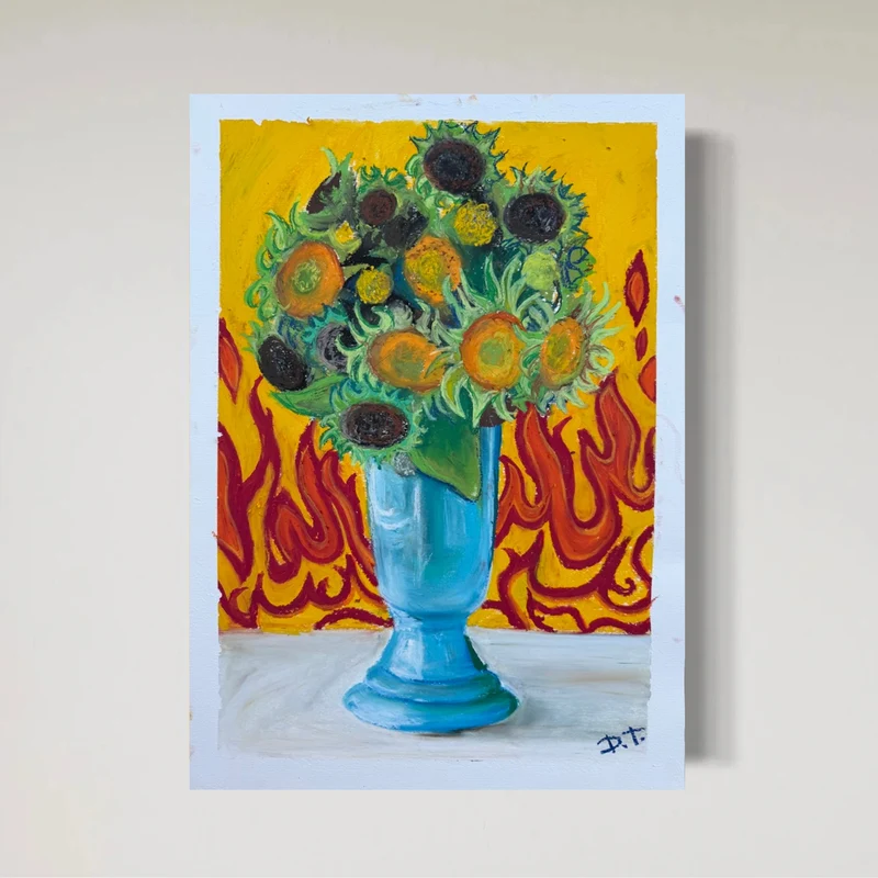 “Sunflowers” Oljepastell Original Målning