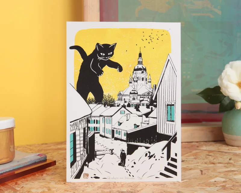Cat-astrophe, handgjord screentryck Katt Konst Print