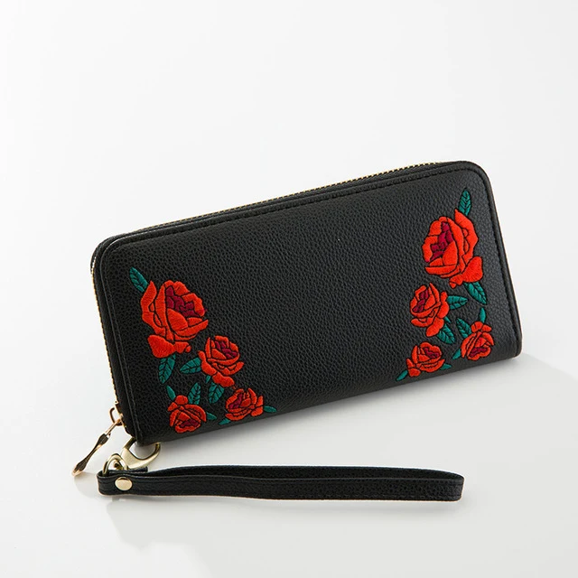 MS-0003 New lichee PU embridery women long wallet zipper wallet red rose flower design women wallet wristlet purse carteira