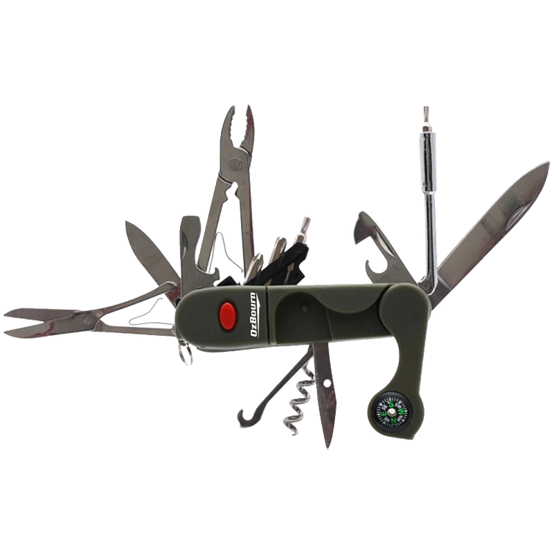 Function Folding Pocket Knife With Army Green Rubber Grip Includes Sturdy Nylon Pouch With Press Snap Clasp