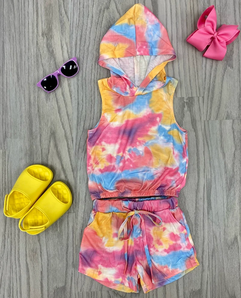 Tie Dye Sleeveless hooded short set