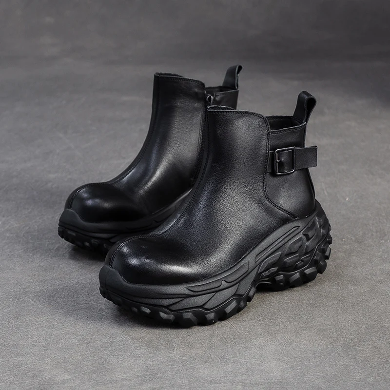 Women's Vintage Chunky-Sole Leather Ankle Boots