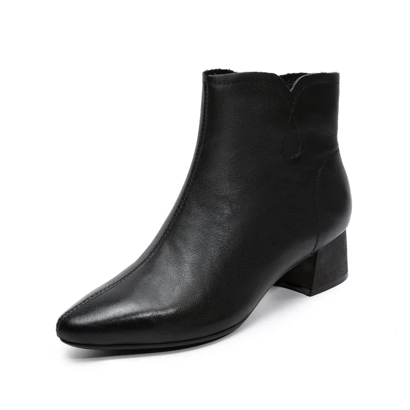 Women's Pointed-Toe Block-Heel Leather Ankle Boots