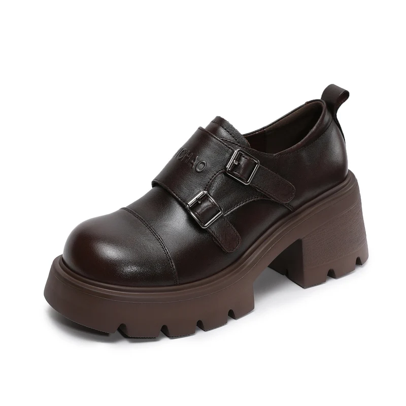 Women's Plain Leather Buckle Chunky Heel Loafers