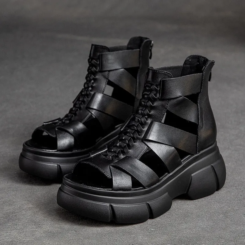 Women's Retro Plaited Leather High Top Platform Sandals
