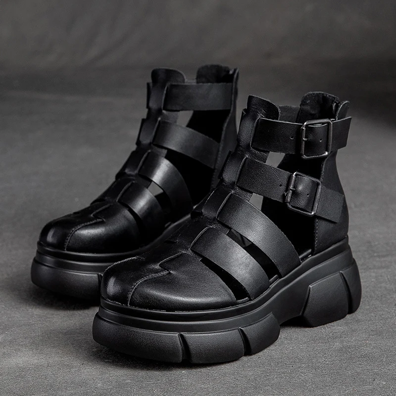 Women's Retro Plaited Leather Platform Bootie Sandals