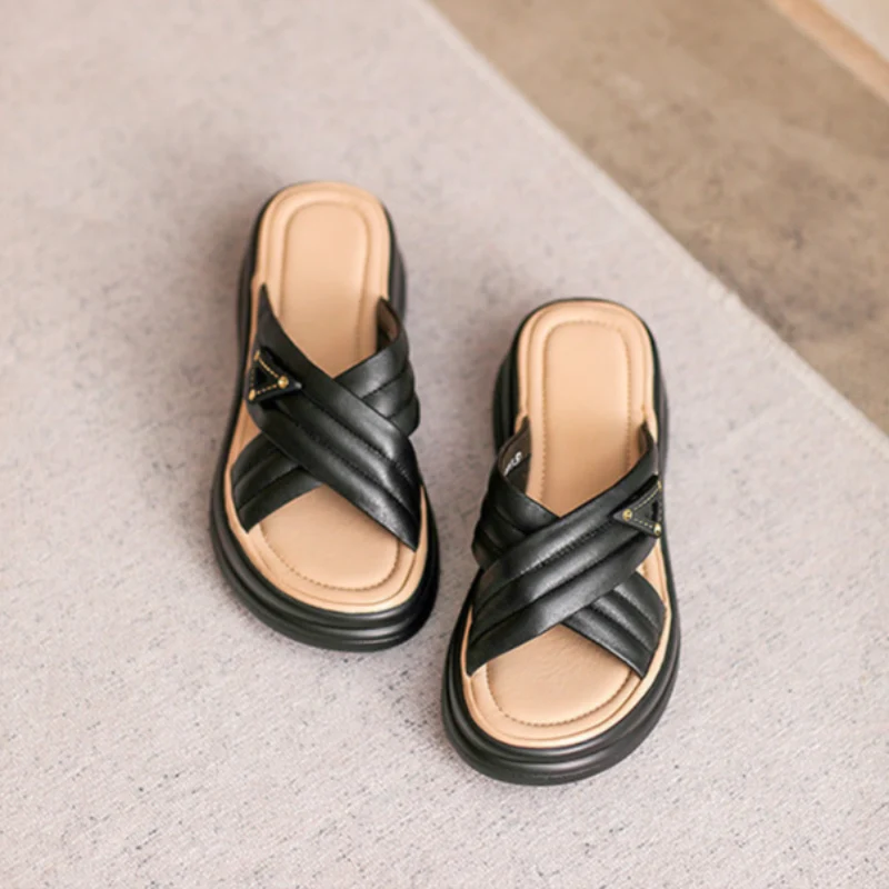 Women's Fashion Plain Leather Casual Slides
