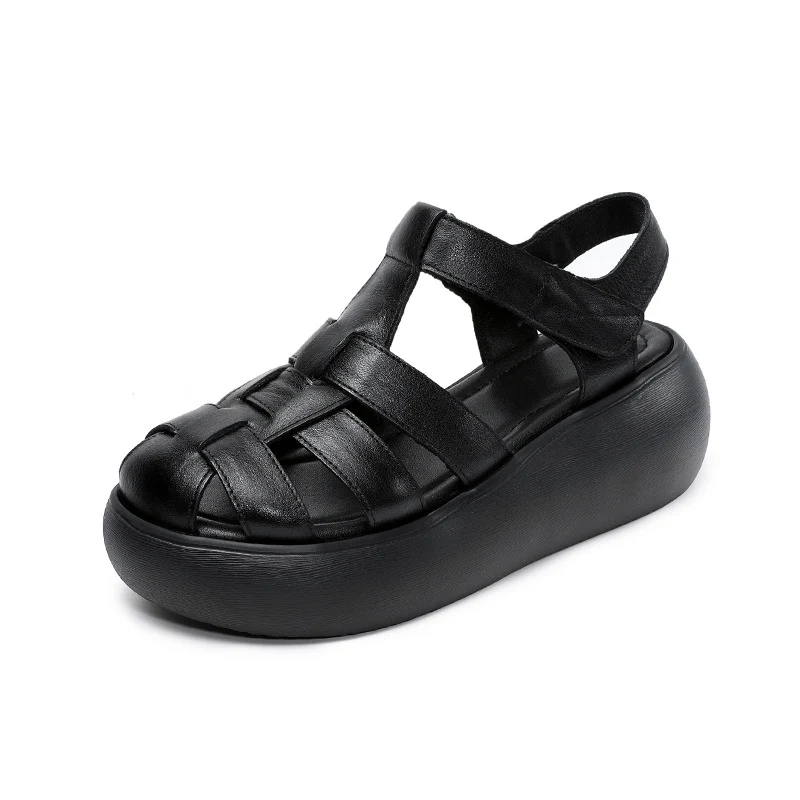 Women's Retro Plain Leather Casual Platform Sandals