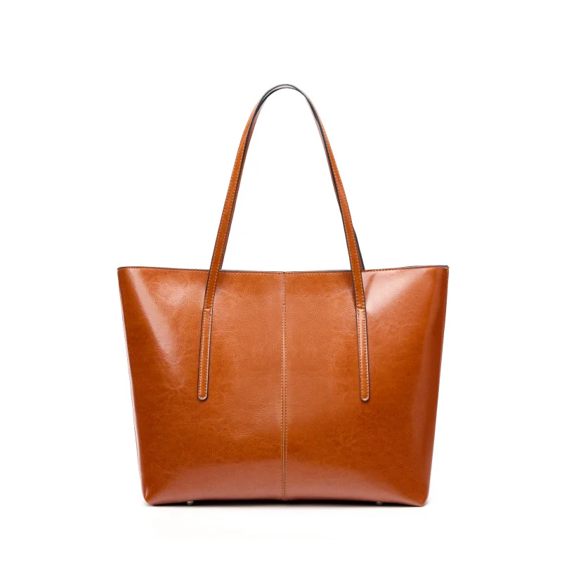 Women's Plain Leather Large Capacity Shoulder Tote Bag