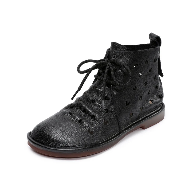 Women Soft Plain Hollow Leather Casual Flat Ankle Boots