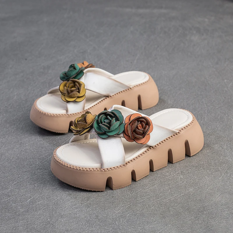 Women's Retro Leather Flower Platform Casual Slides