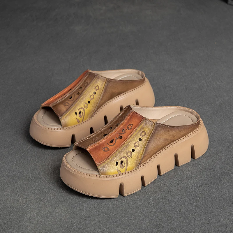 Women's Fashion Color Matching Leather Platform Slides