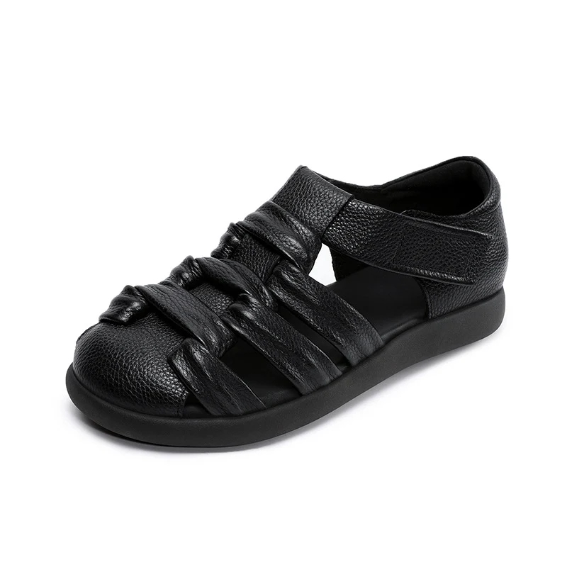 Women's Retro Plain Leather Round Head Velcro Sandals