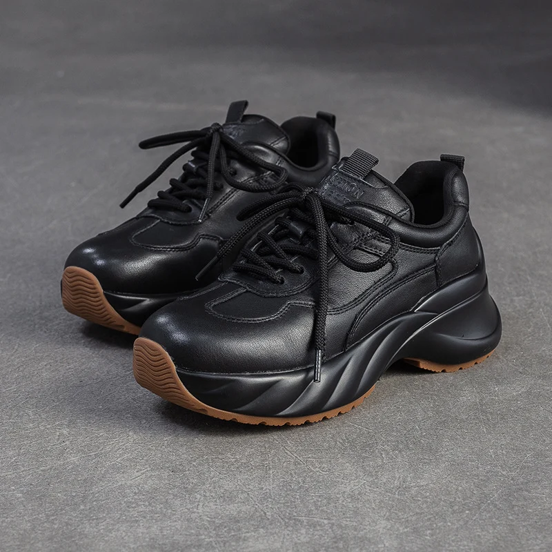 Women's Minimalism Plain Leather Platform Casual Sneakers