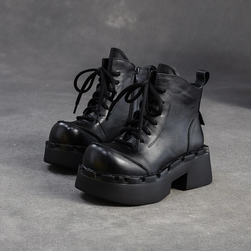 Women's Retro Leather Chunky Platform Ankle Boots