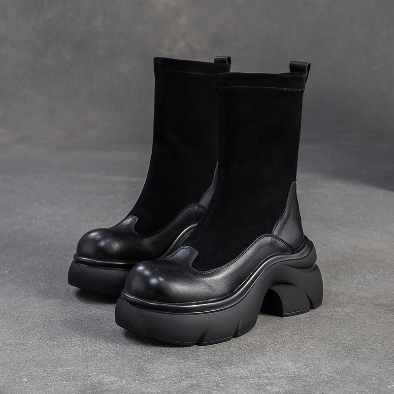 Women's Minimalist Retro Leather Elastic Mid-Calf Boots