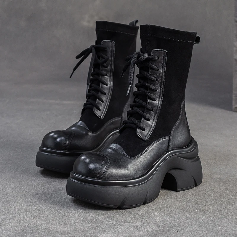 Women's Casual Leather Mid-Calf Platform Boots