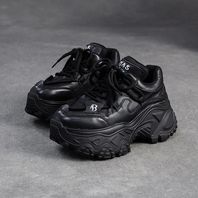 Women's Retro Plain Leather Chunky Platform Sneakers