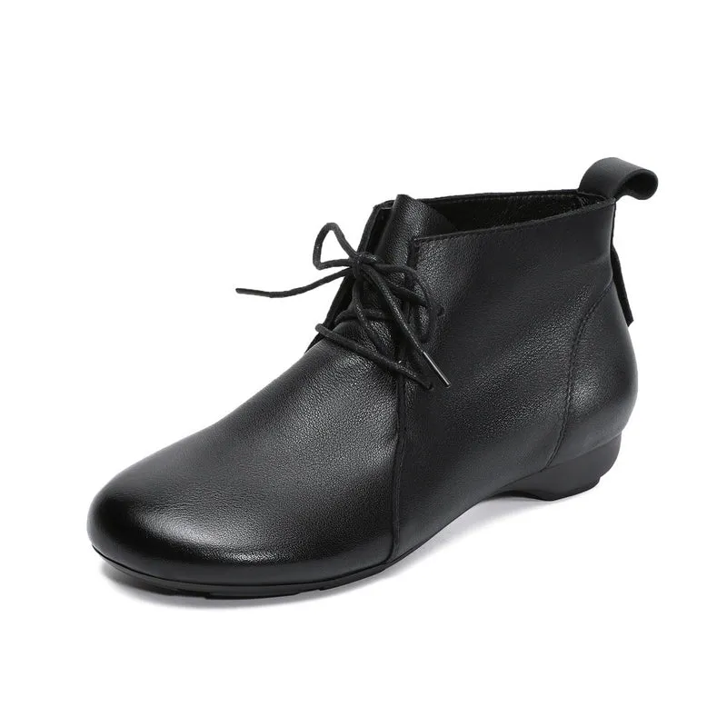 Women's Plain Leather Lace-up Casual Ankle Boots