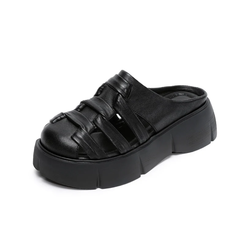 Women Retro Plaited Leather Platform Casual Mules