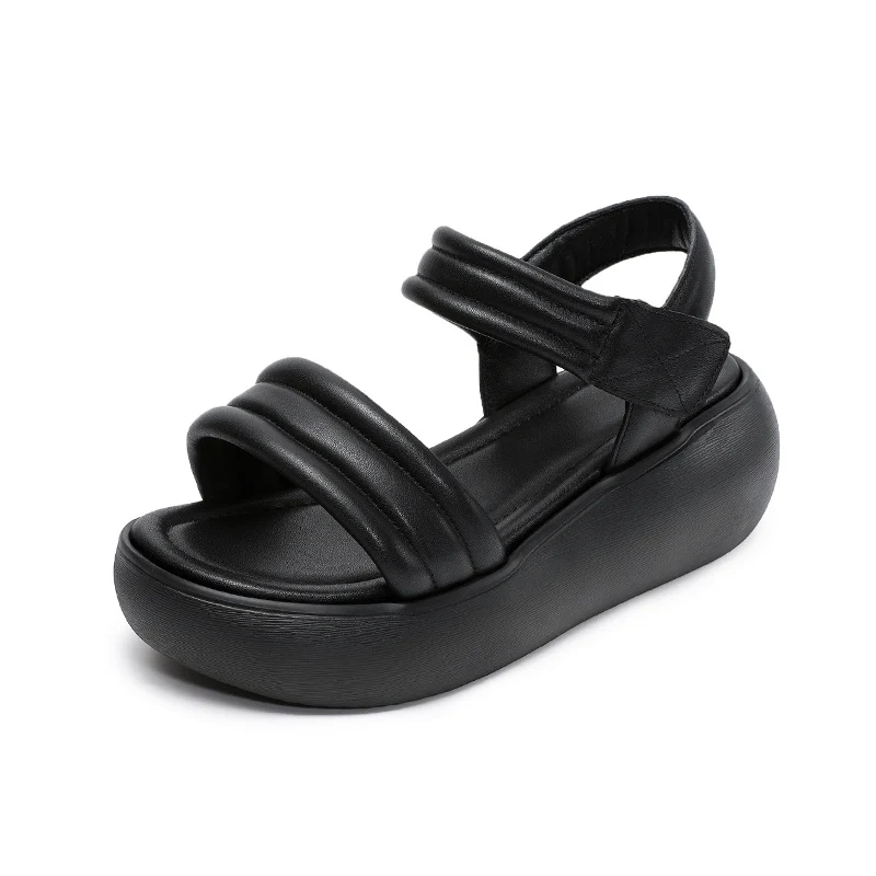 Women Minimalism Plain Leather Velcro Platform Sandals