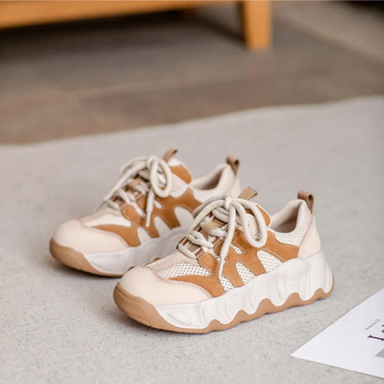 Women Color Matching Leather Mesh Platform Casual Shoes