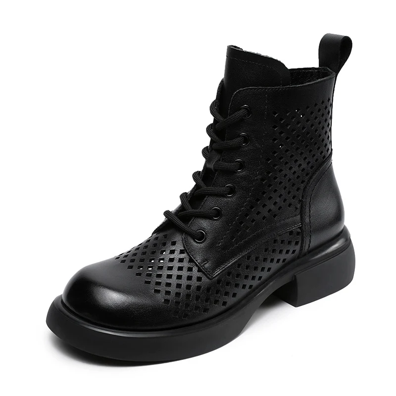 Women Retro Plain Hollow Leather Breathable Boots