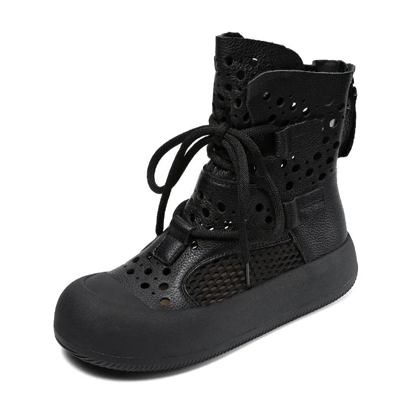 Women Retro Plain Hollow Leather Mesh Casual Boots